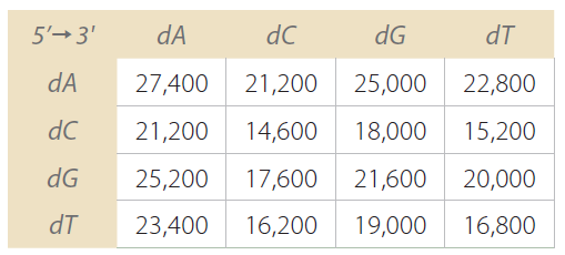 D-OLI13LT-oligoquant-T1 Nearest neighbor values for ε260 of dNTPs.